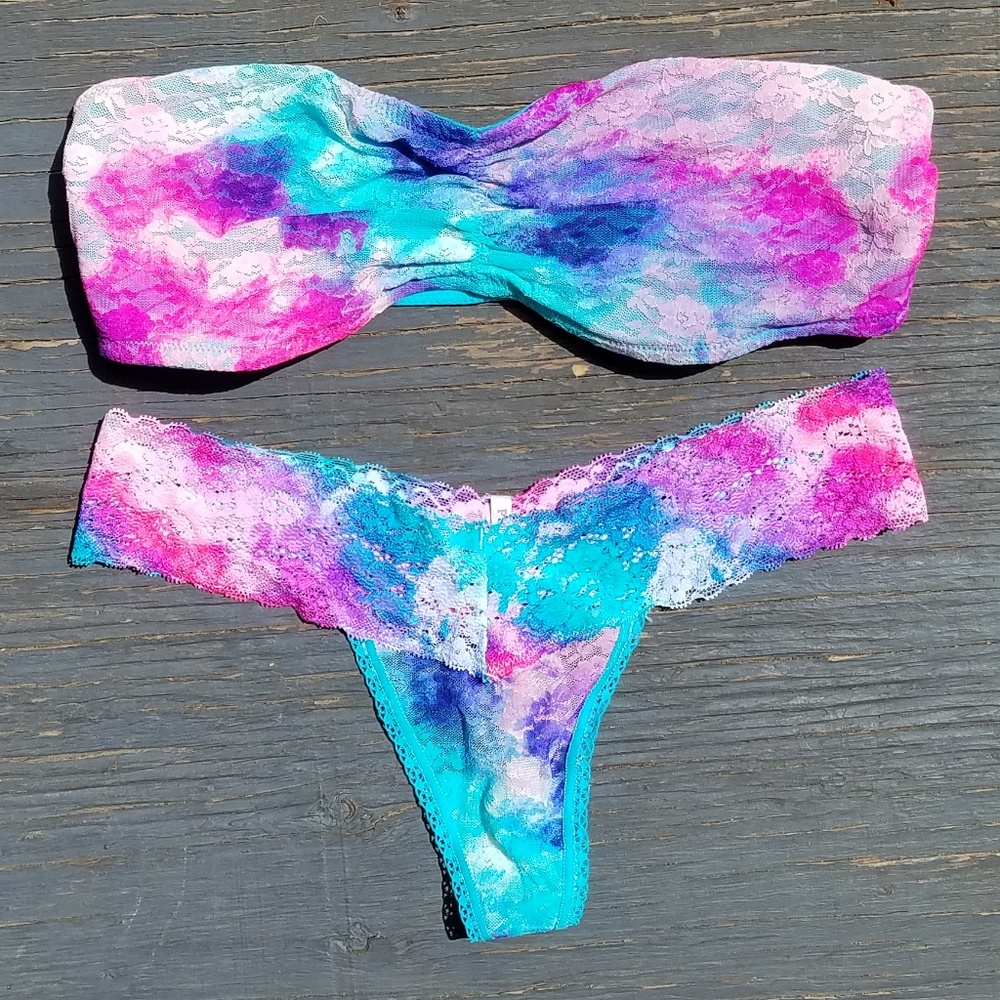 Tie Dye Floral Lace Bandeau & Panty Set - YOU PICK